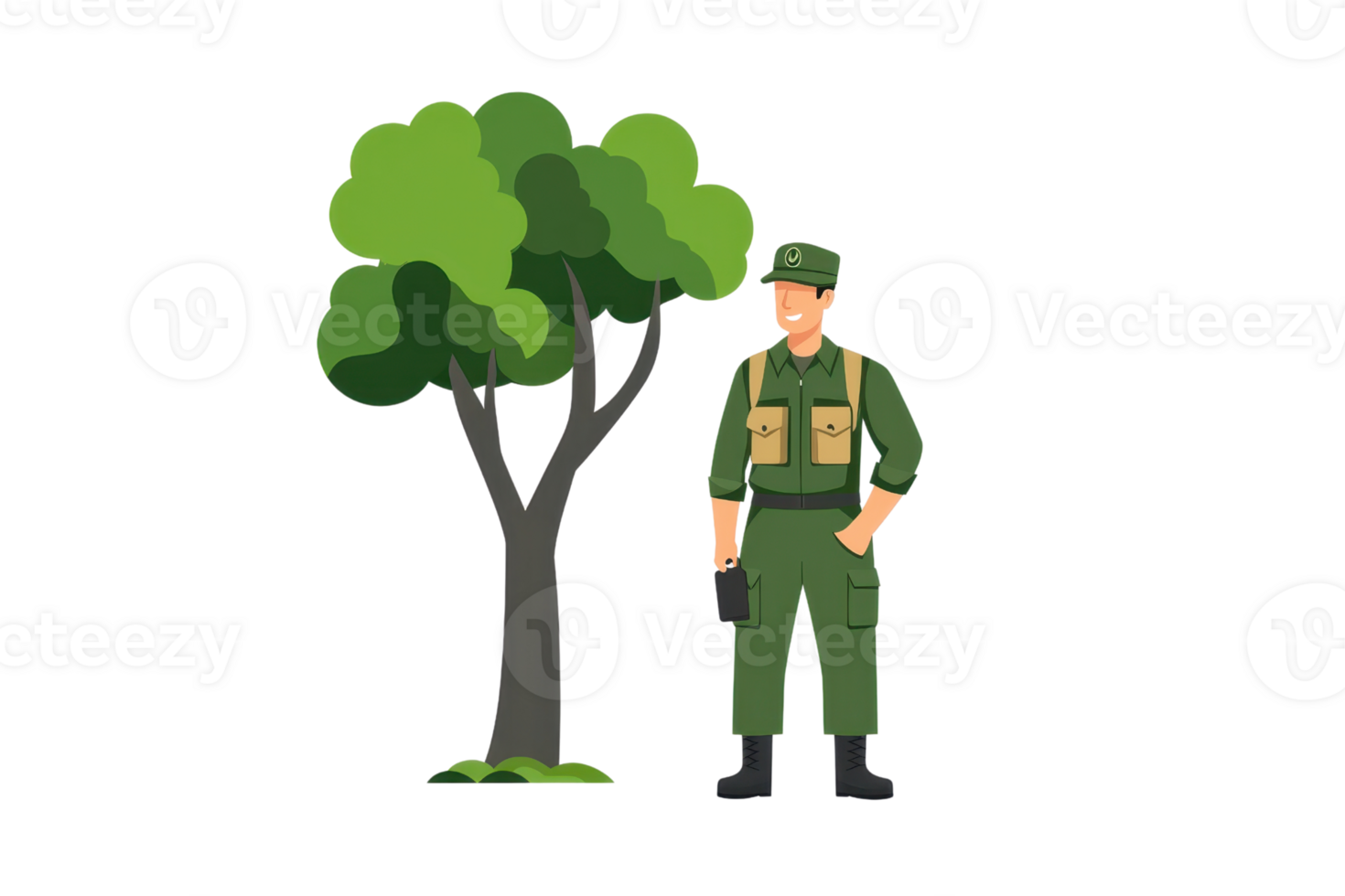 A soldier in green uniform stands next to a vibrant green tree, embodying themes of nature and service. png