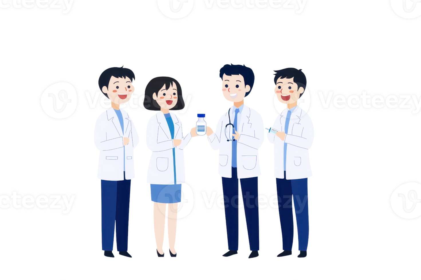 Four healthcare professionals in lab coats engage in a discussion, with one holding a small bottle. png
