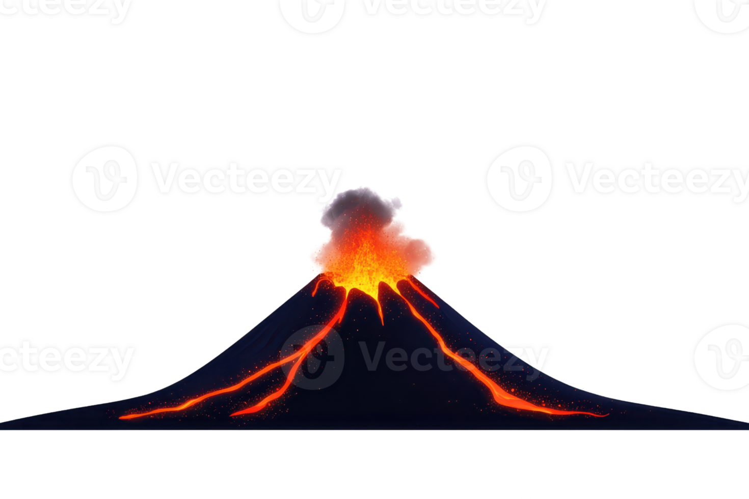 A volcanic eruption displays molten lava streaming down the sides, with a large plume of ash billowing from the summit. png