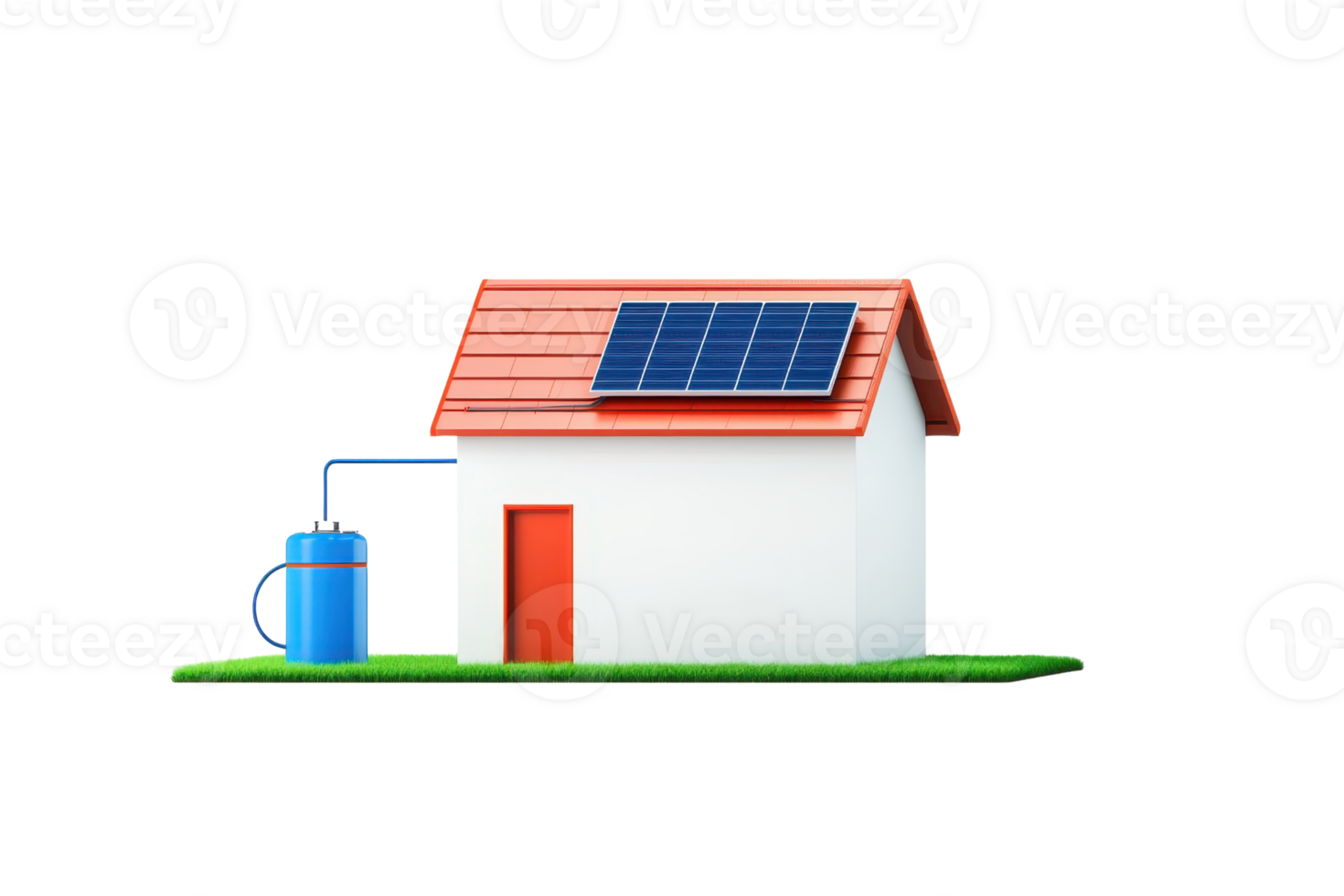 A small house with a red roof featuring solar panels and a water tank, emphasizing sustainable energy and resource management. png