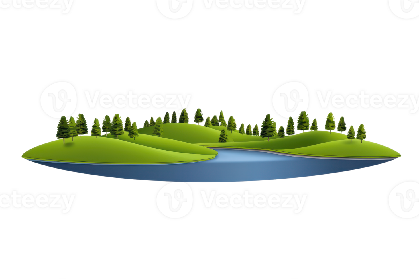 A serene landscape featuring rolling green hills, a winding river, and clusters of trees, creating a peaceful natural scene. png