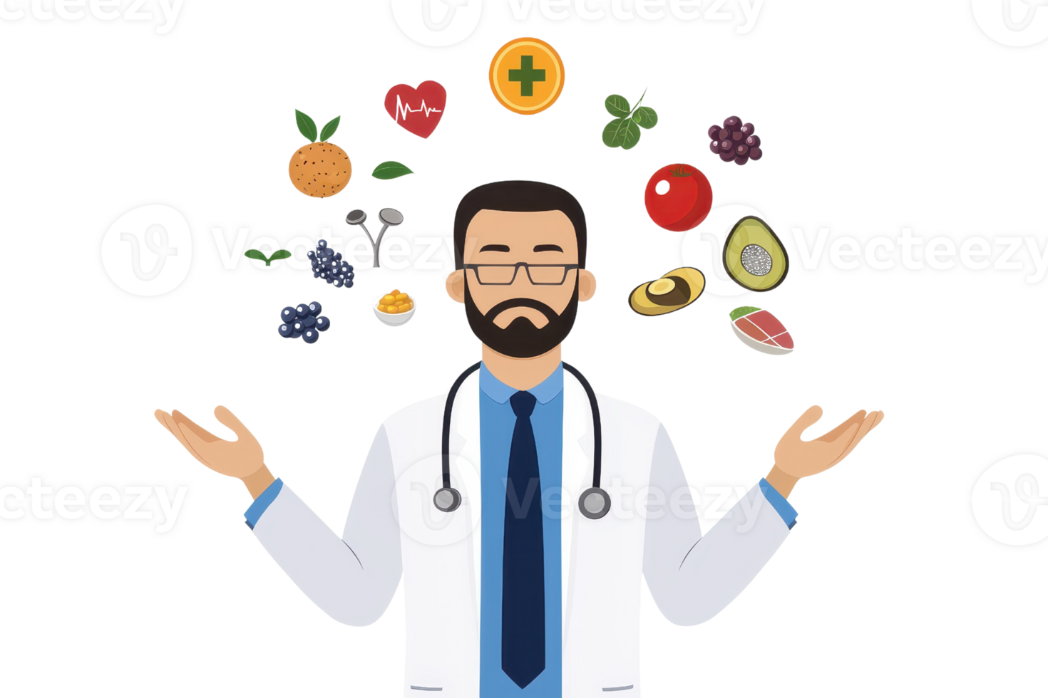 A doctor in a white coat is balancing various healthy food icons, symbolizing nutrition and wellness. png