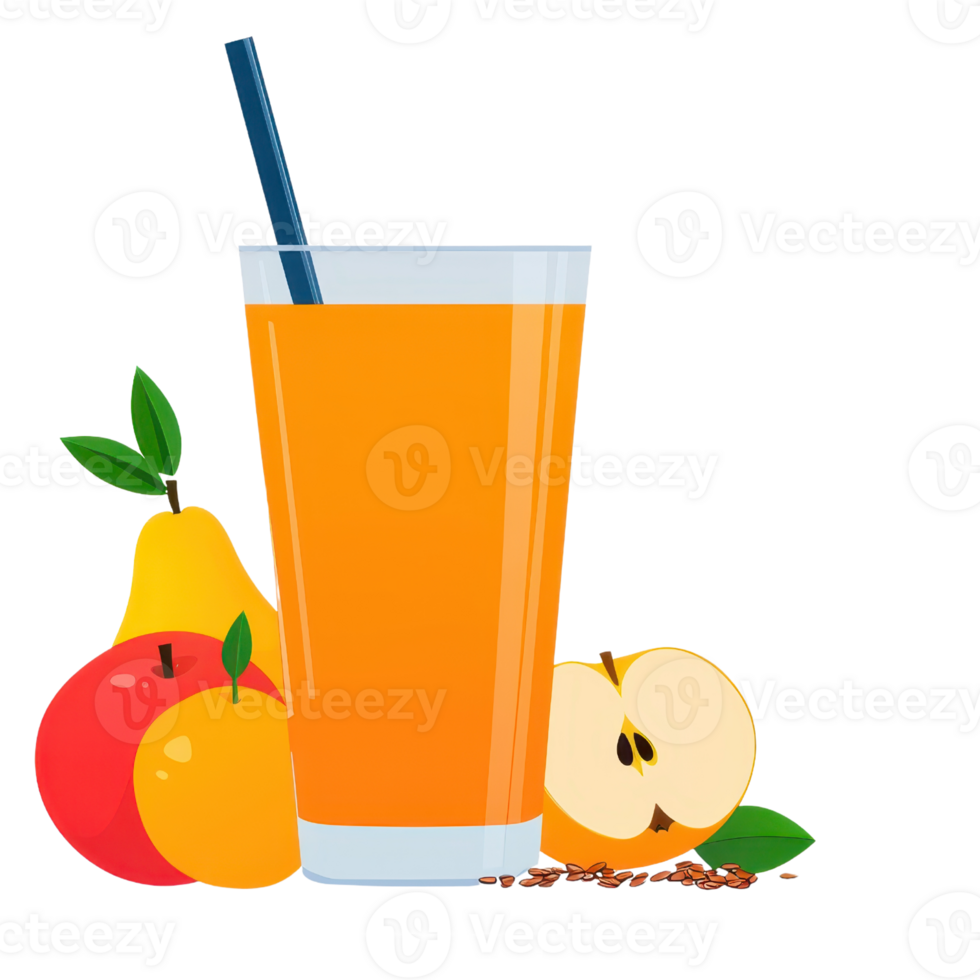 A vibrant glass of orange juice with a straw, surrounded by various fresh fruits including apple, orange, and pear. png