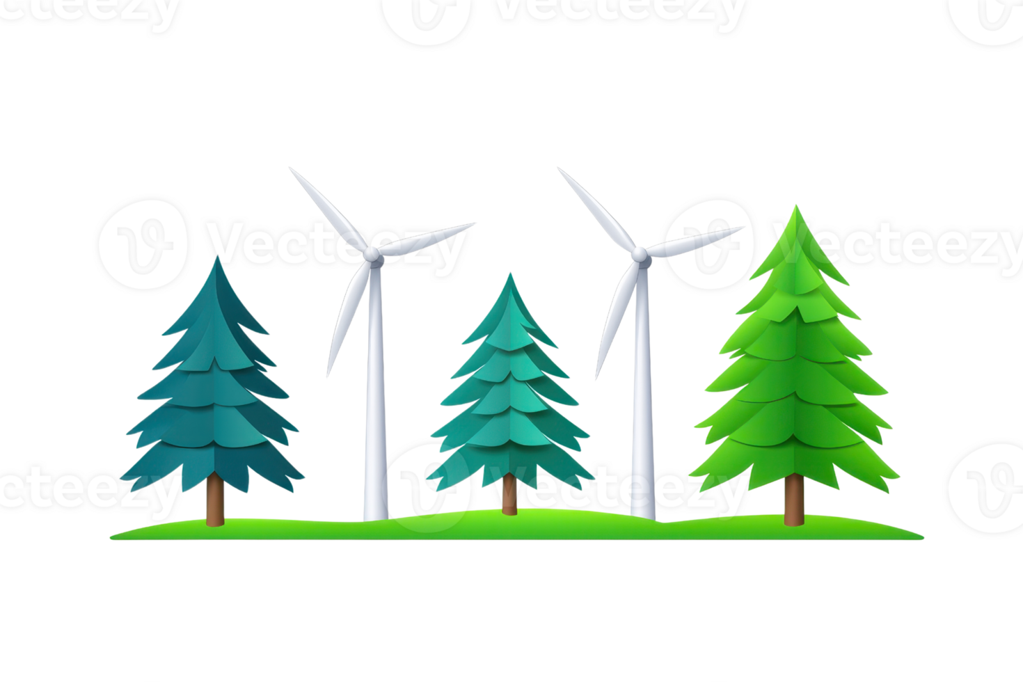 A vibrant illustration featuring stylized trees alongside wind turbines, symbolizing renewable energy and nature. png