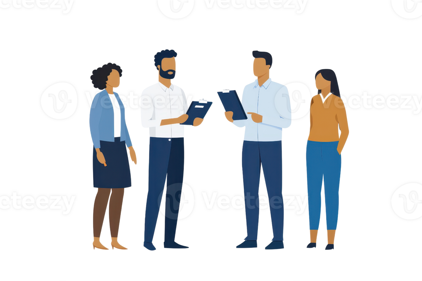 Four professional individuals engaged in a discussion, holding documents and actively communicating. png
