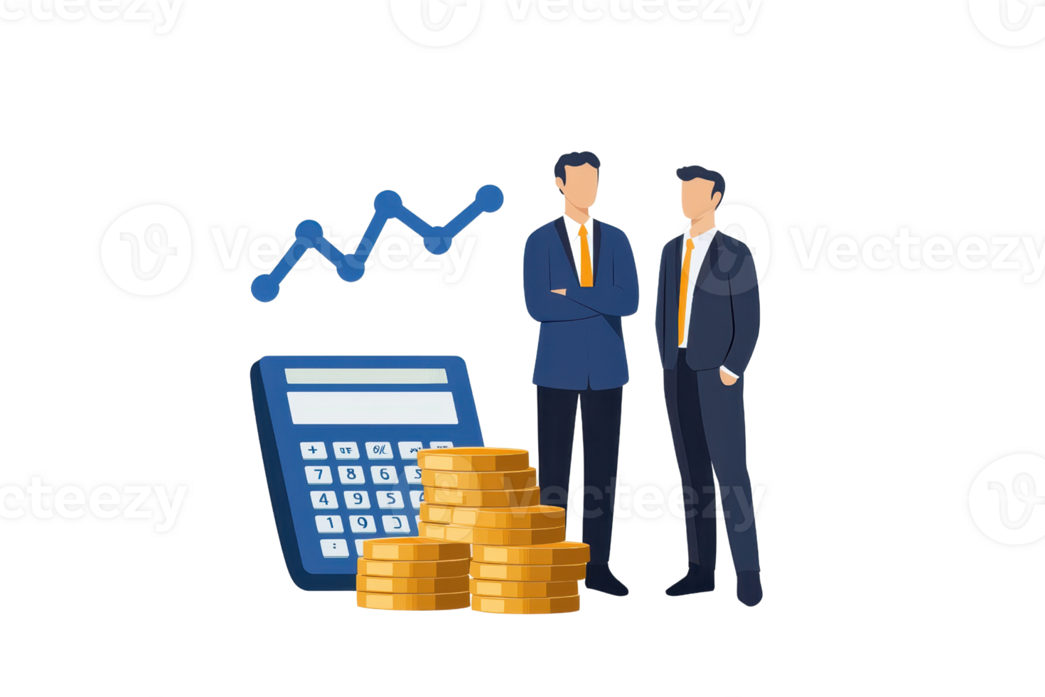 Two business professionals stand next to a calculator and a stack of coins, symbolizing financial growth and investment. png