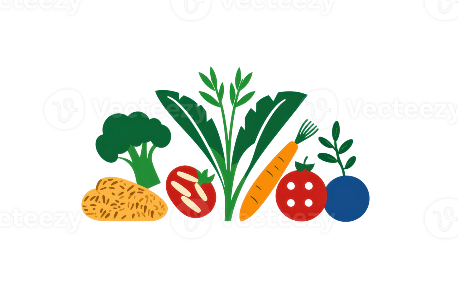 Colorful assortment of vegetables including broccoli, carrot, potato, tomato, and blueberry. png