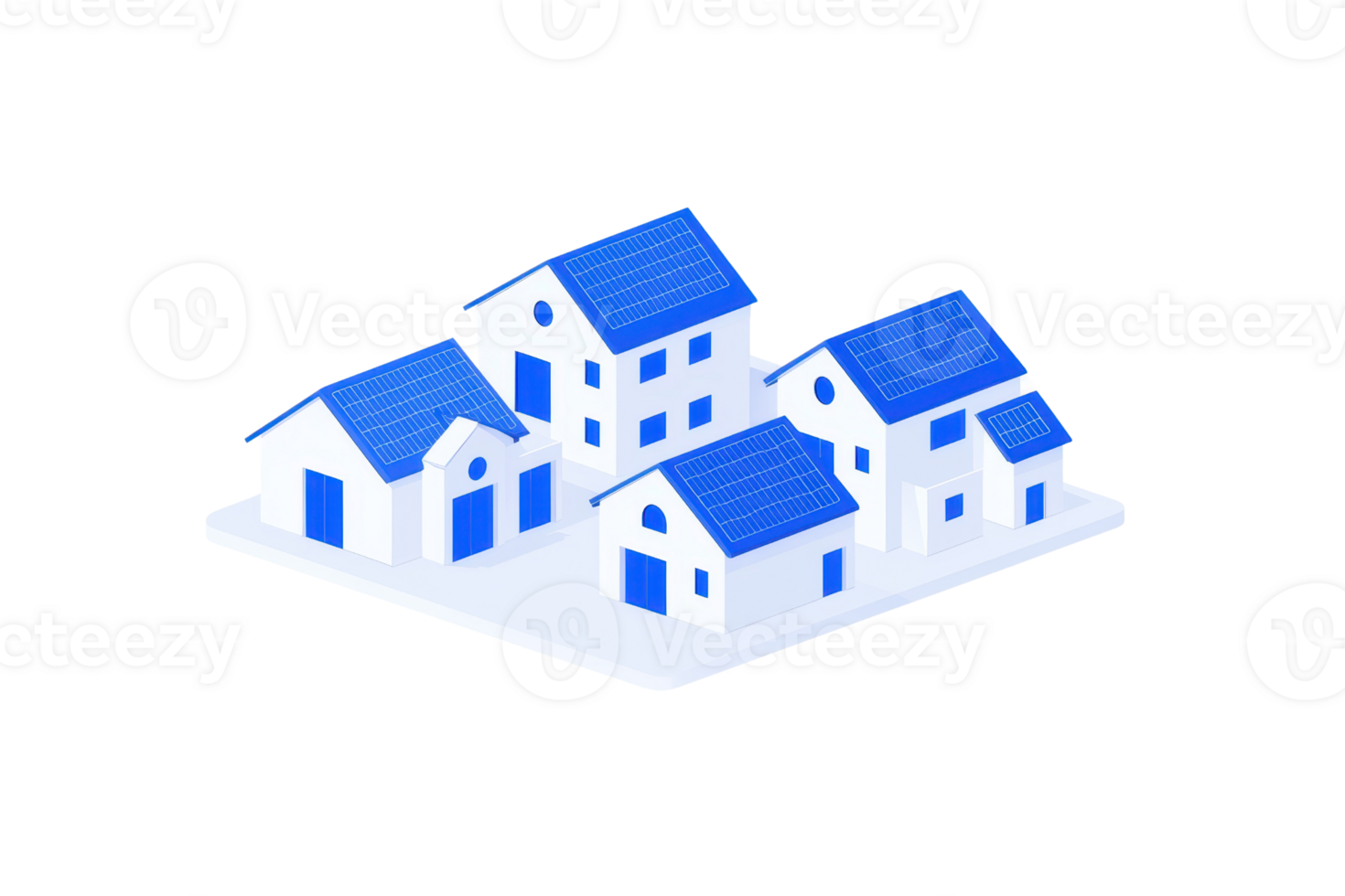 A cluster of modern houses with blue roofs, designed in a stylized, minimalist aesthetic. png