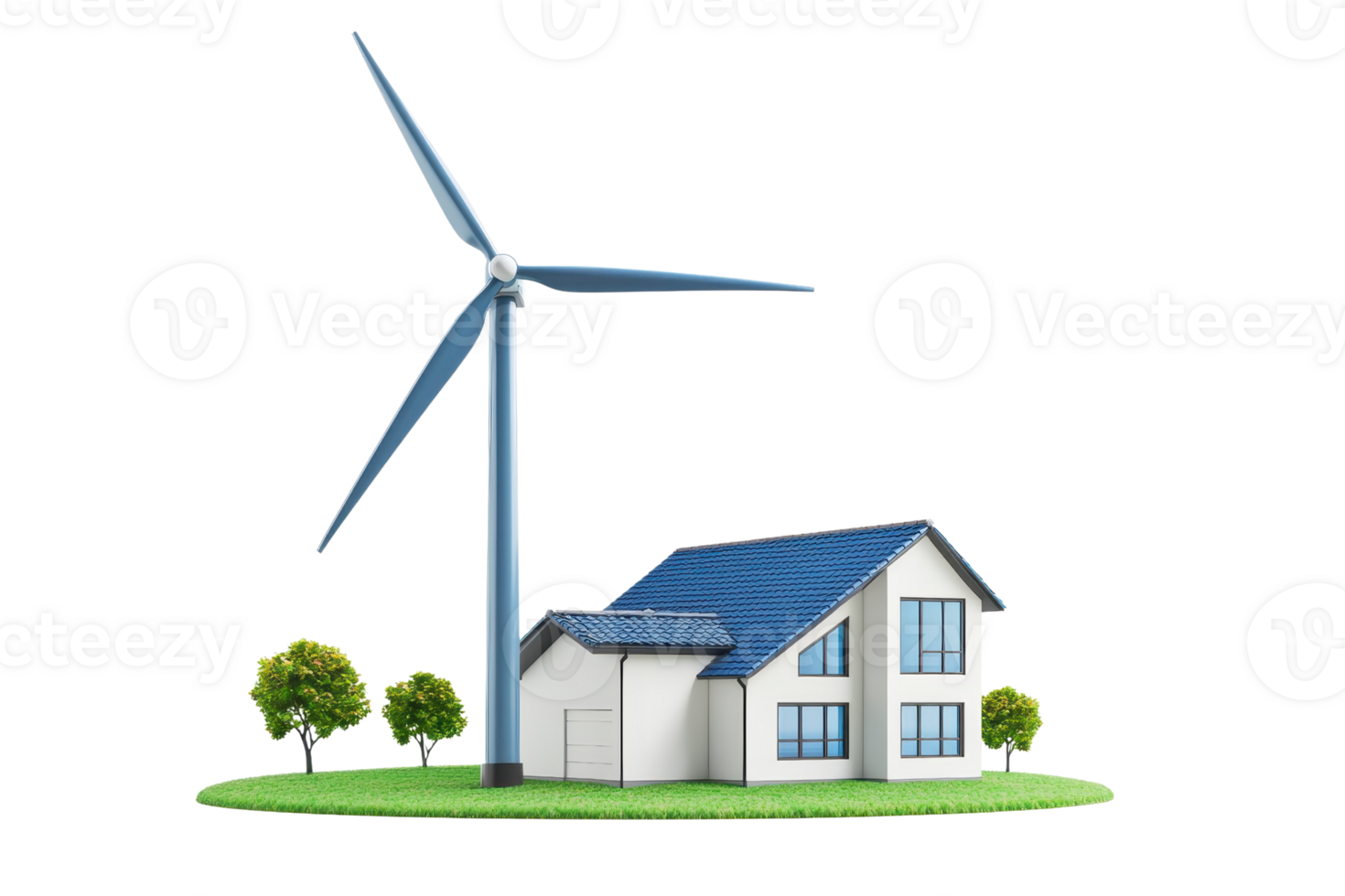A modern house with a blue roof and a wind turbine nearby, surrounded by green trees. png