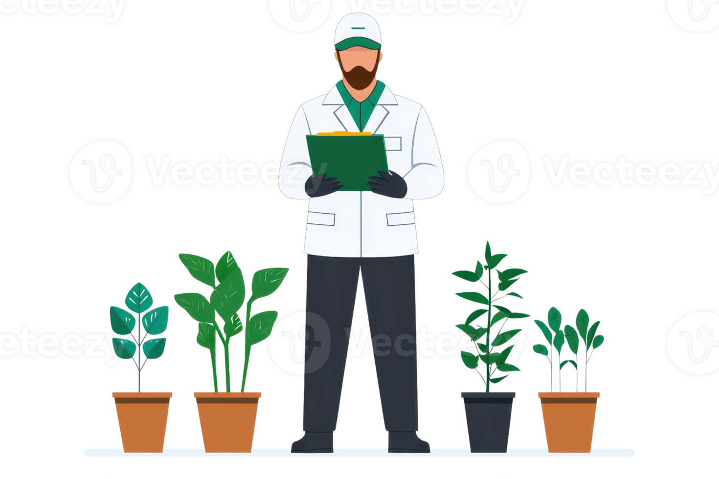 A man in a lab coat examines plants, holding a clipboard, surrounded by potted greenery. png