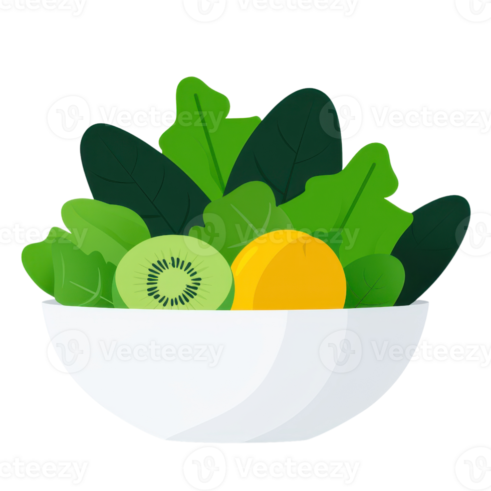 A vibrant salad bowl filled with fresh greens, kiwi, and a slice of citrus. png