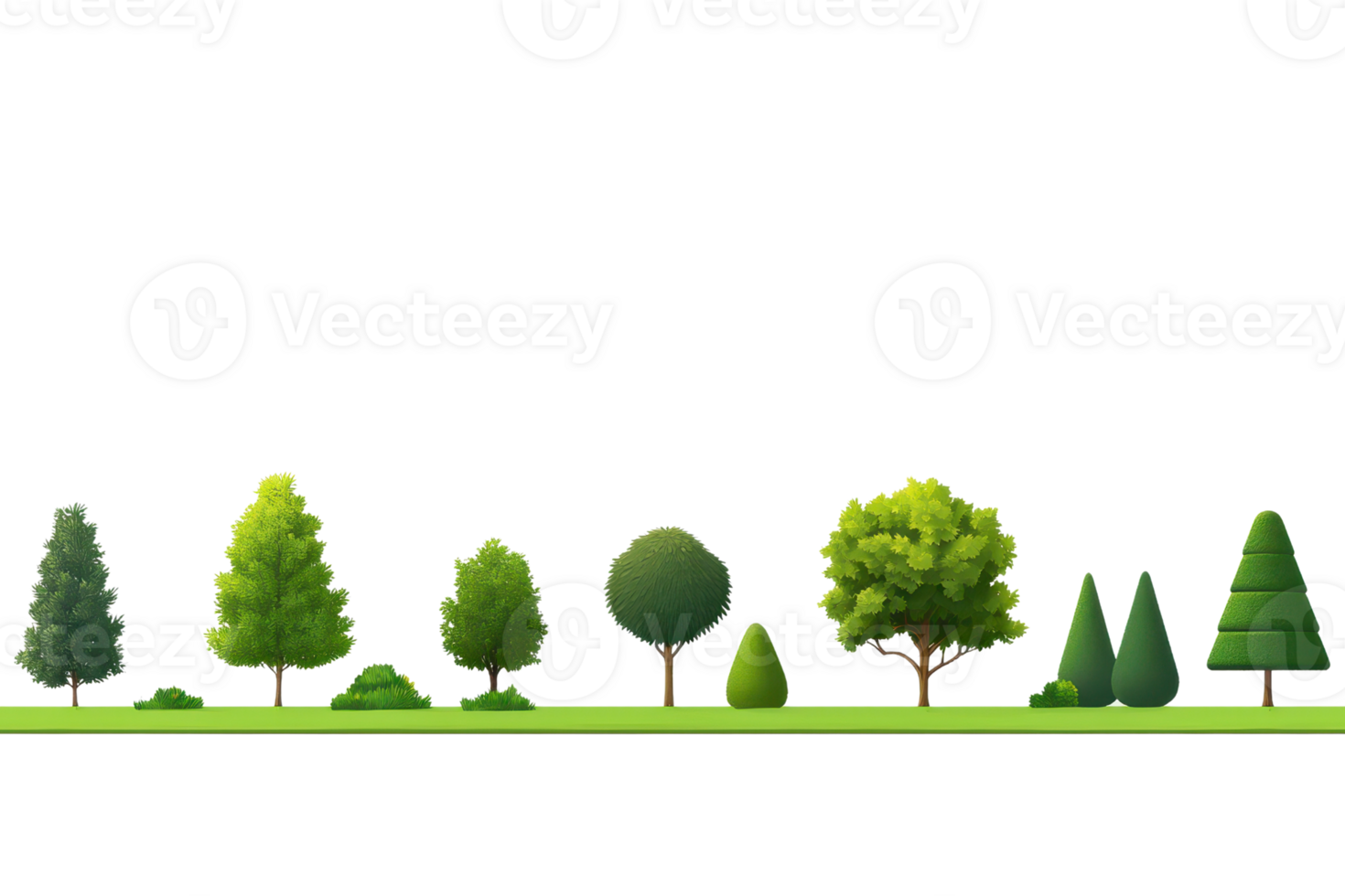 A variety of stylized trees showcasing different shapes and sizes, each with vibrant green foliage. png