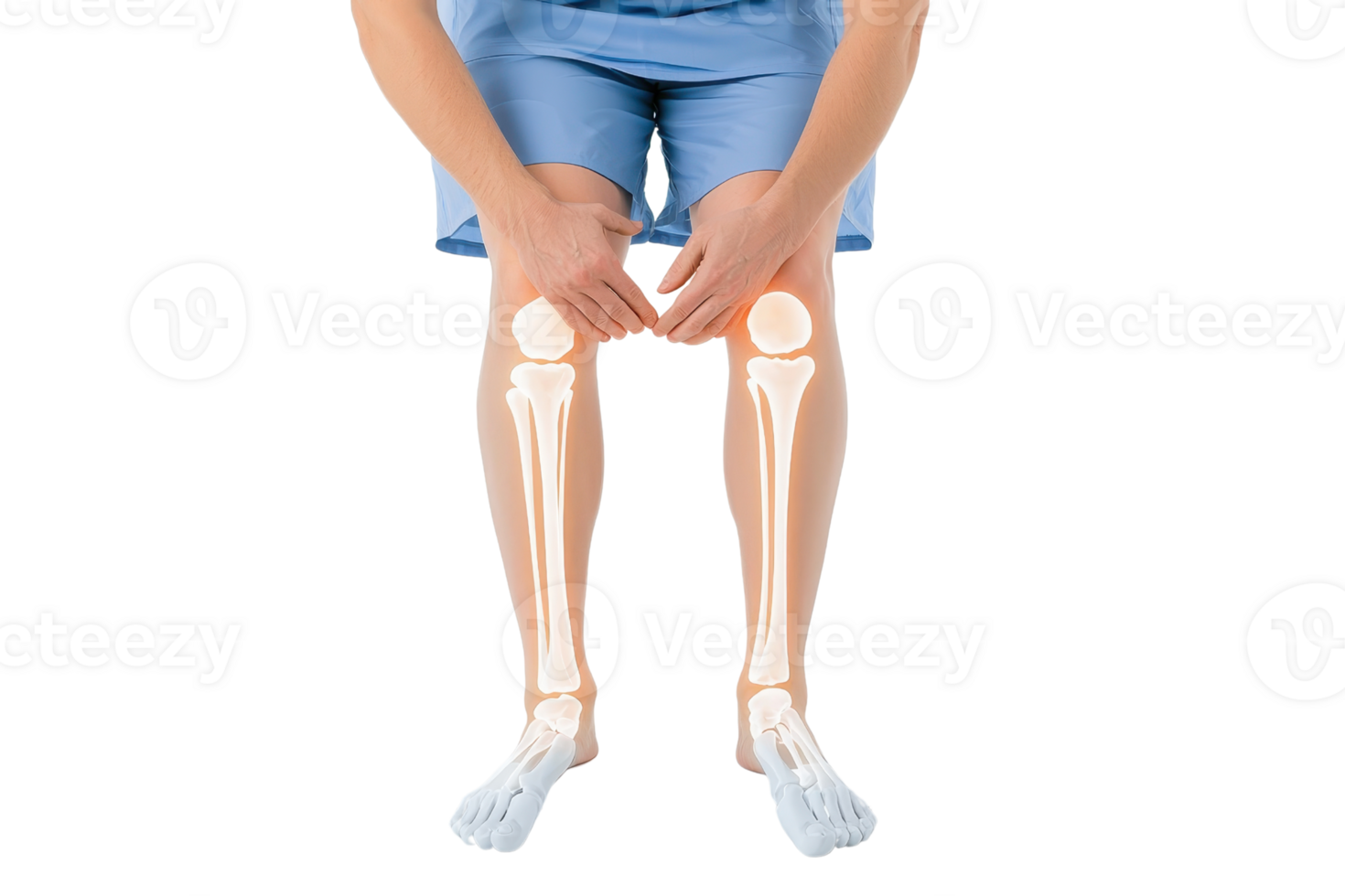 A person is sitting with knees bent, displaying highlighted leg bones and joints, emphasizing anatomy and skeletal structure. png