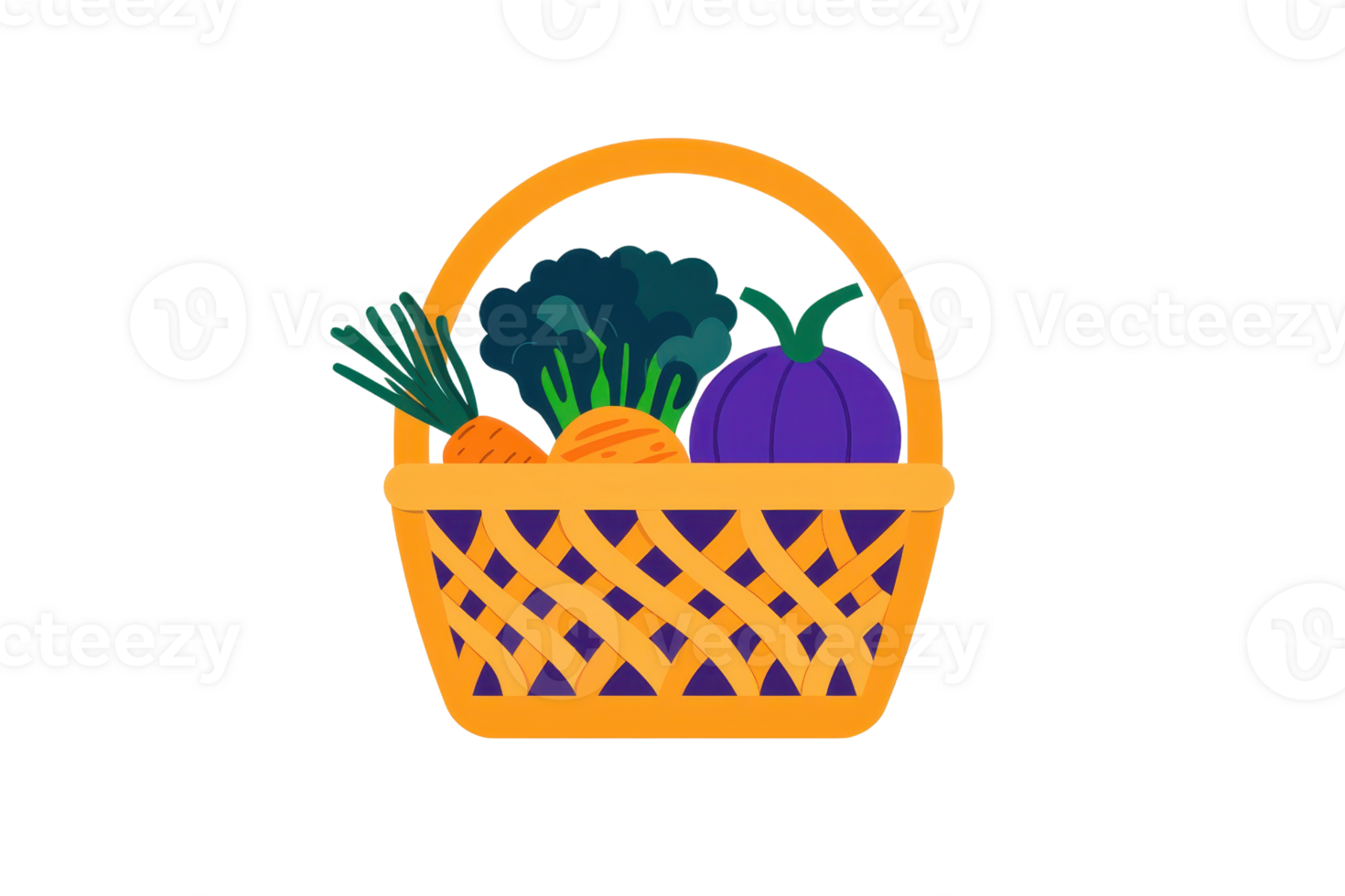 A vibrant basket filled with fresh vegetables, including carrots, broccoli, and a purple pumpkin. png