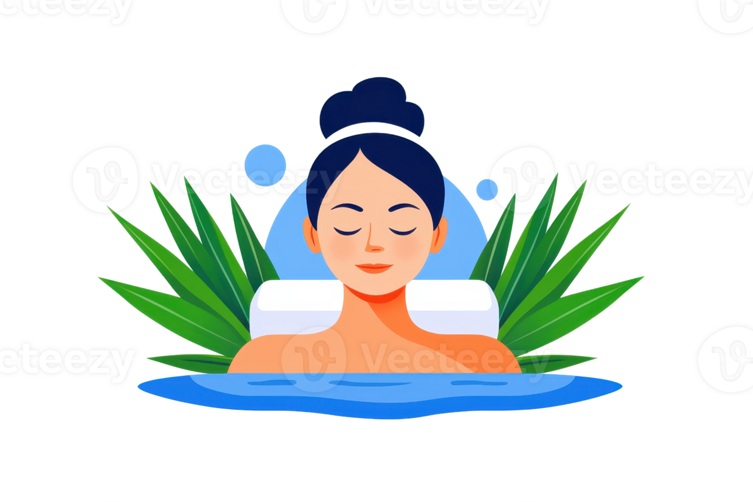 A serene woman relaxes in a spa setting, enjoying a soothing water experience surrounded by lush greenery. png