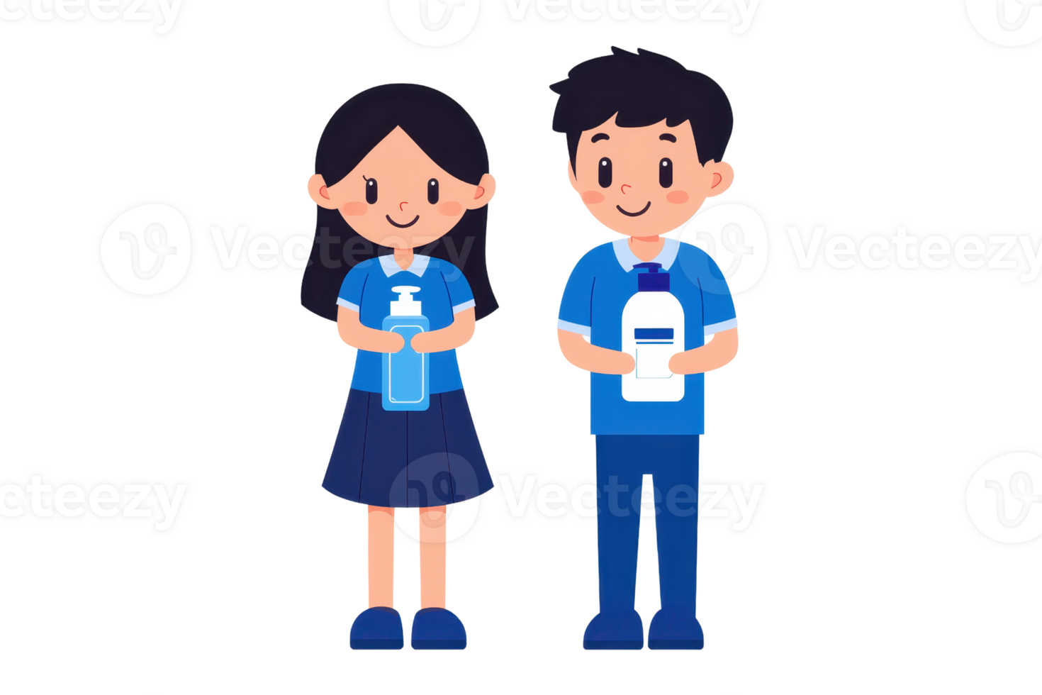 Two cartoon characters, a girl and a boy, both holding bottles, dressed in blue attire and smiling. png
