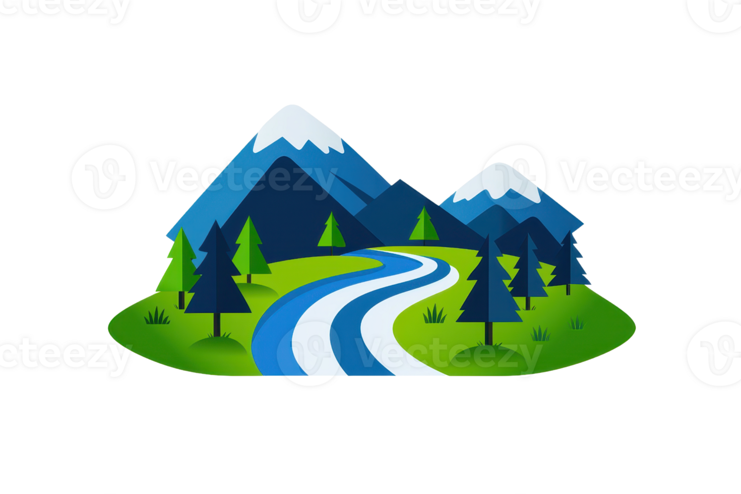 A vibrant landscape featuring a winding river surrounded by mountains and evergreen trees. png