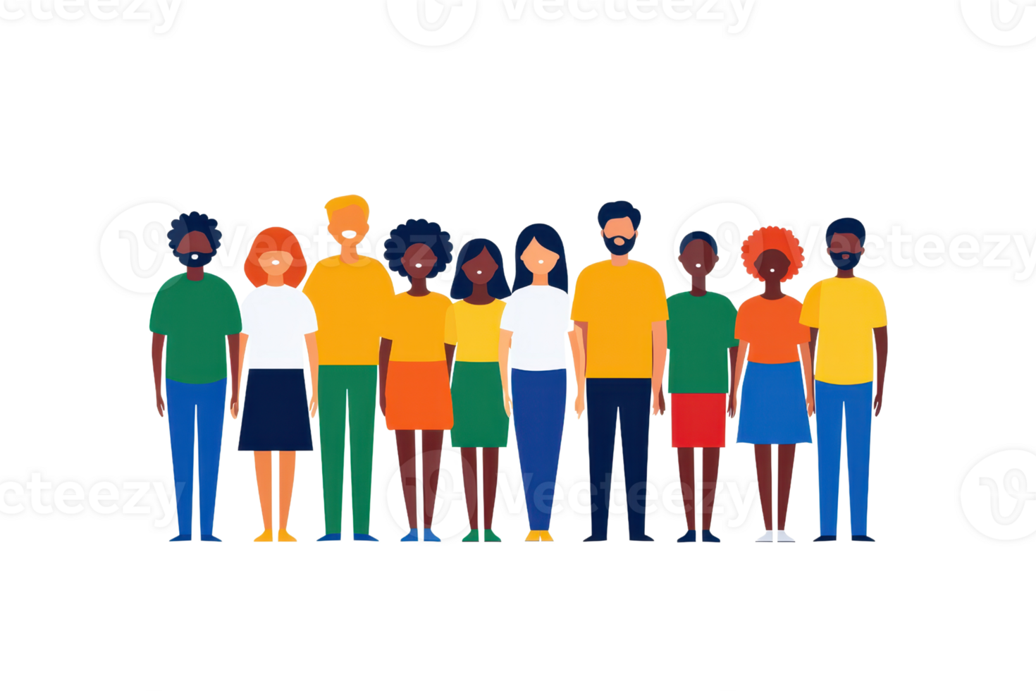 A diverse group of stylized people standing together, showcasing various hairstyles, colors, and clothing styles. png