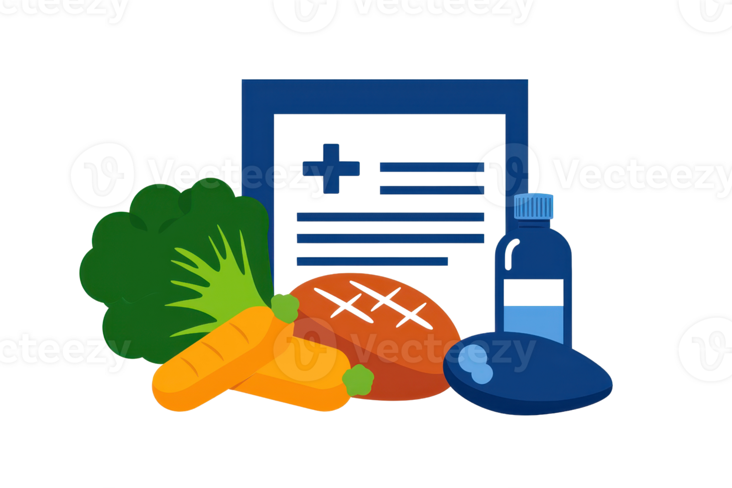 A colorful assortment of healthy foods includes broccoli, carrots, a piece of meat, and a drink bottle alongside a health document. png