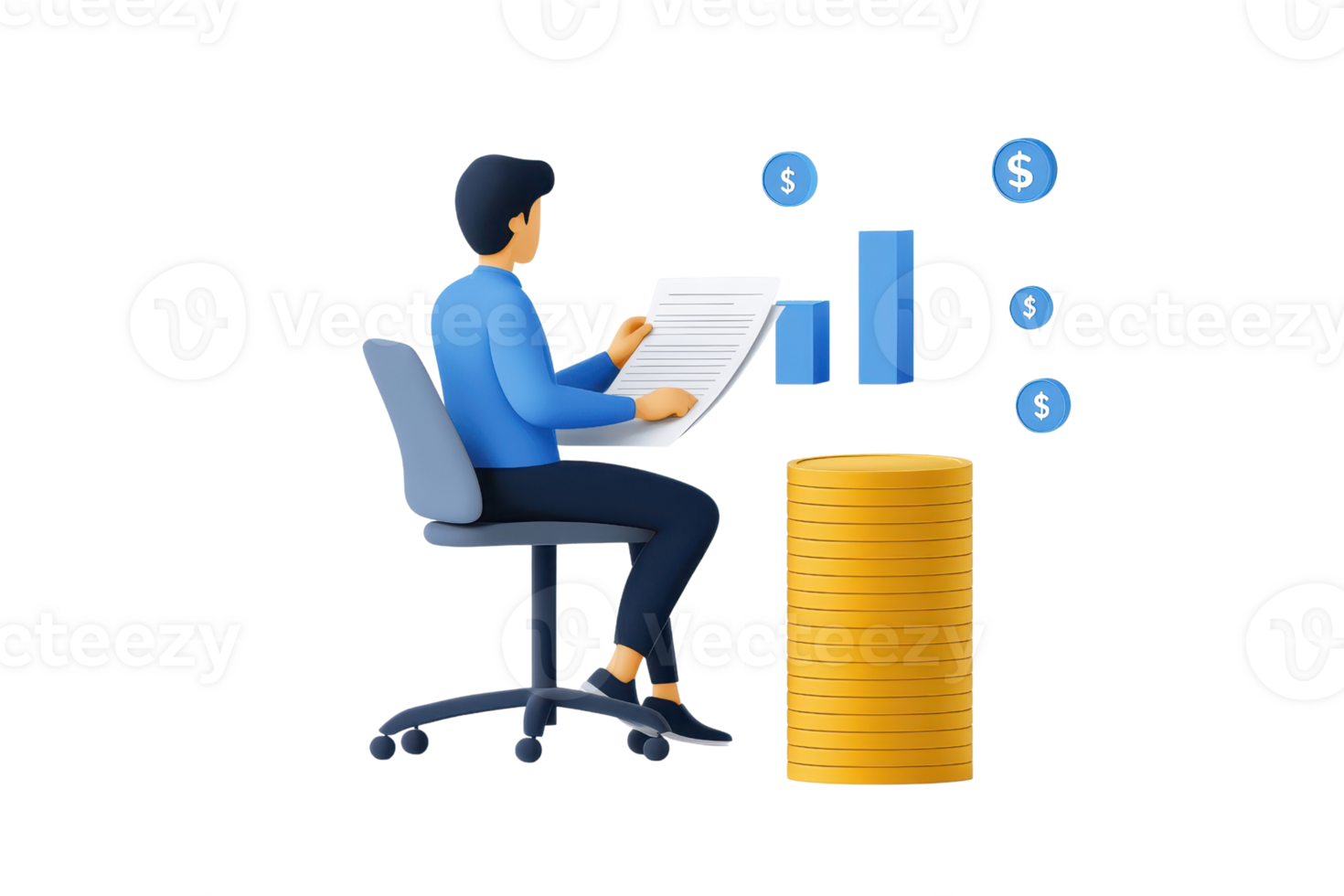A person sits at a desk, analyzing financial data with a stack of coins and graphical representations of money. png