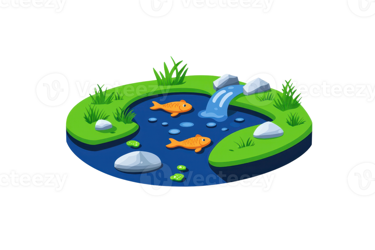 A serene pond with orange fish, lush green grass, smooth stones, and a small waterfall creating a tranquil aquatic scene. png