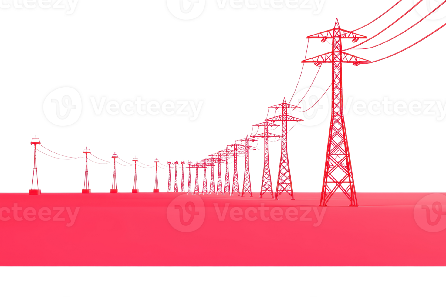 A series of red power lines and pylons extending into the distance against a stark surface. png