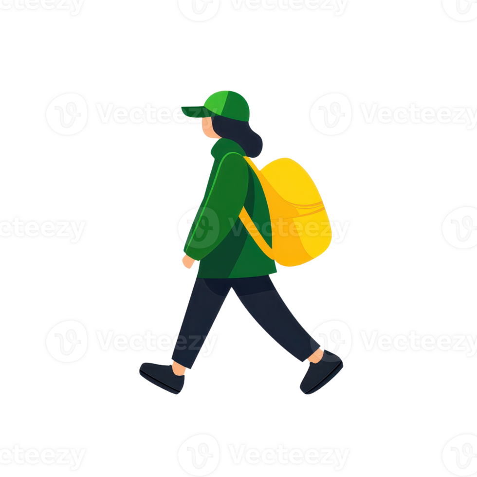 A character wearing a green jacket and cap walks while carrying a yellow backpack. png