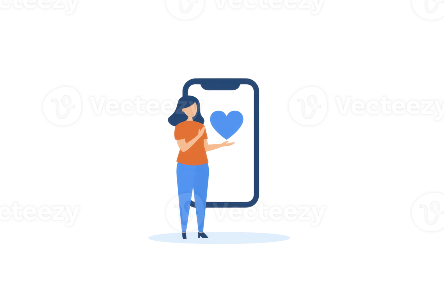 A woman in casual clothing holds a heart symbol in front of a smartphone, symbolizing love or connection in a digital context. png