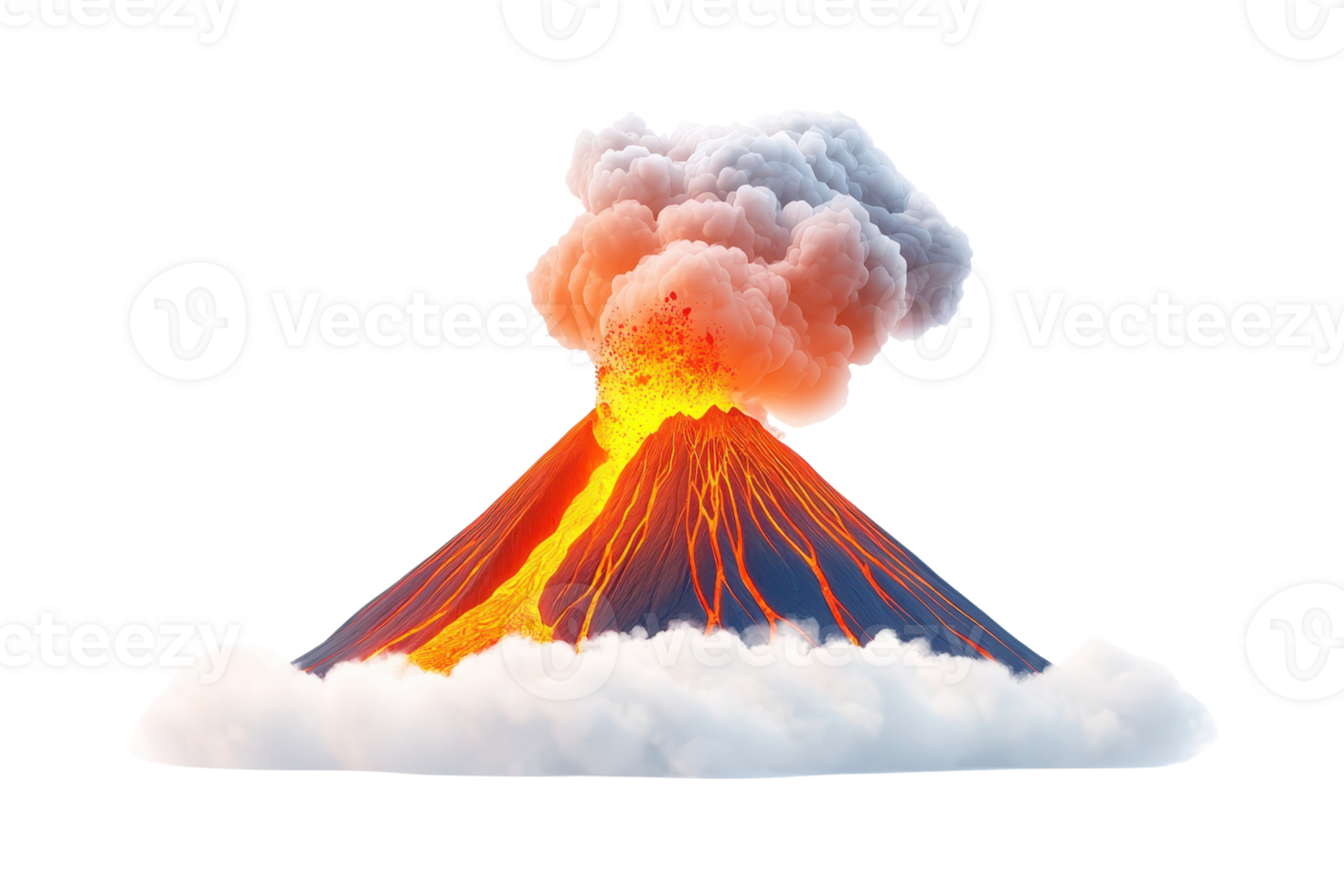 A vibrant volcano erupts, emitting ash and lava, with a billowing cloud of smoke forming above its summit. png