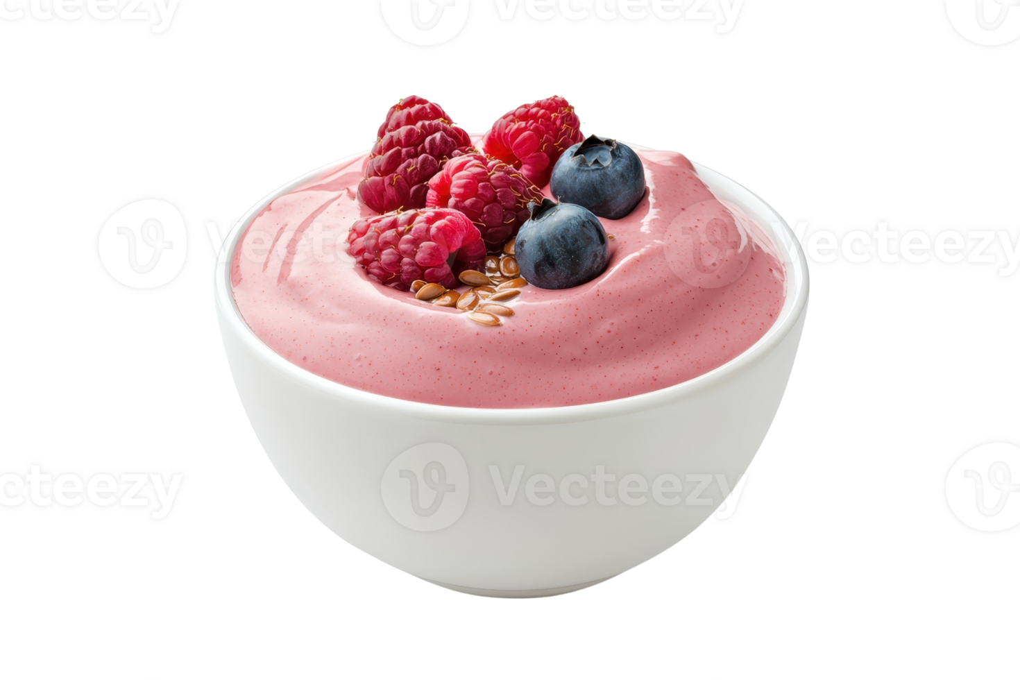Creamy yogurt topped with fresh raspberries and blueberries, garnished with oats in a sleek white bowl. png