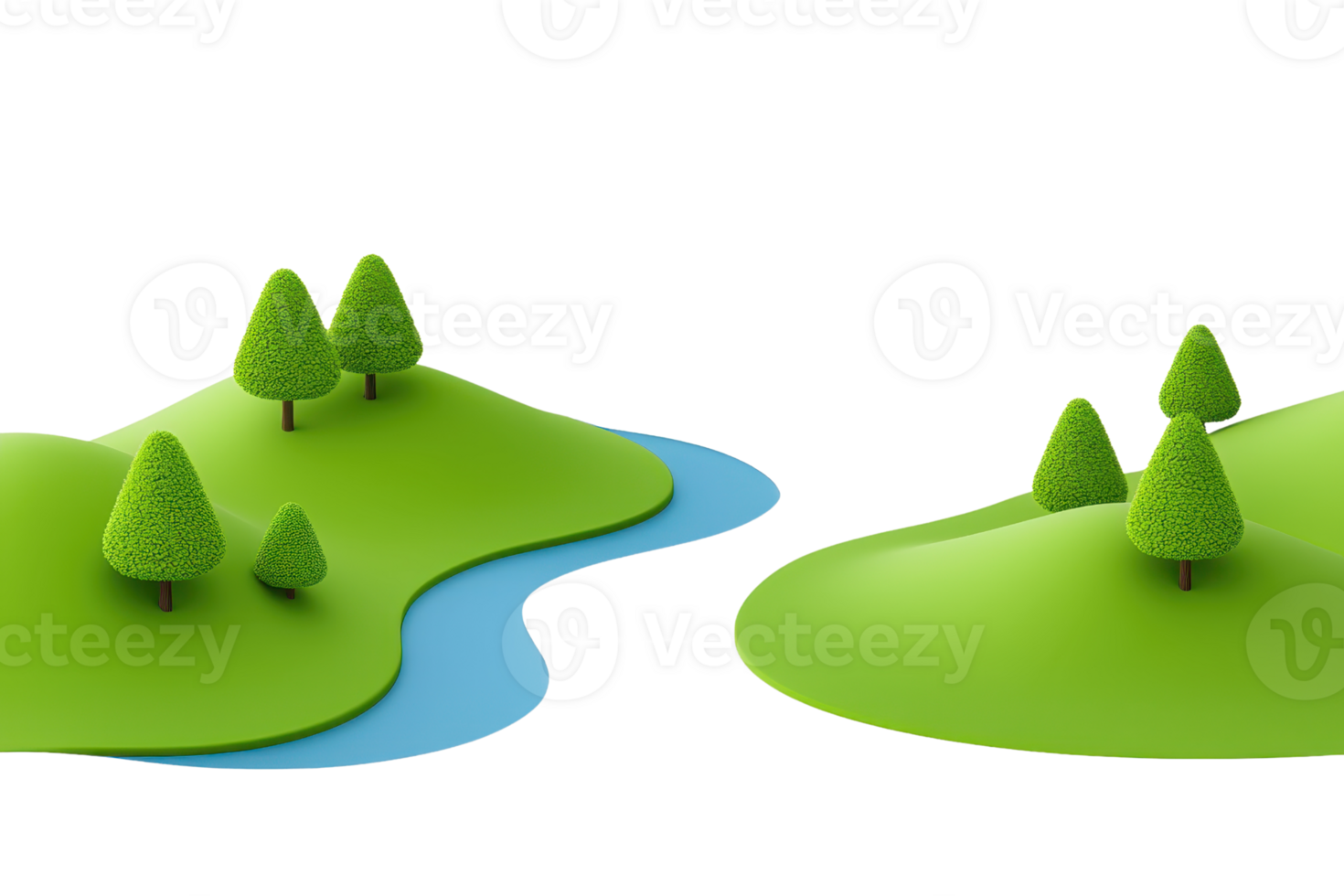 A vibrant, stylized landscape featuring rolling green hills, a flowing blue river, and abstract tree shapes. png