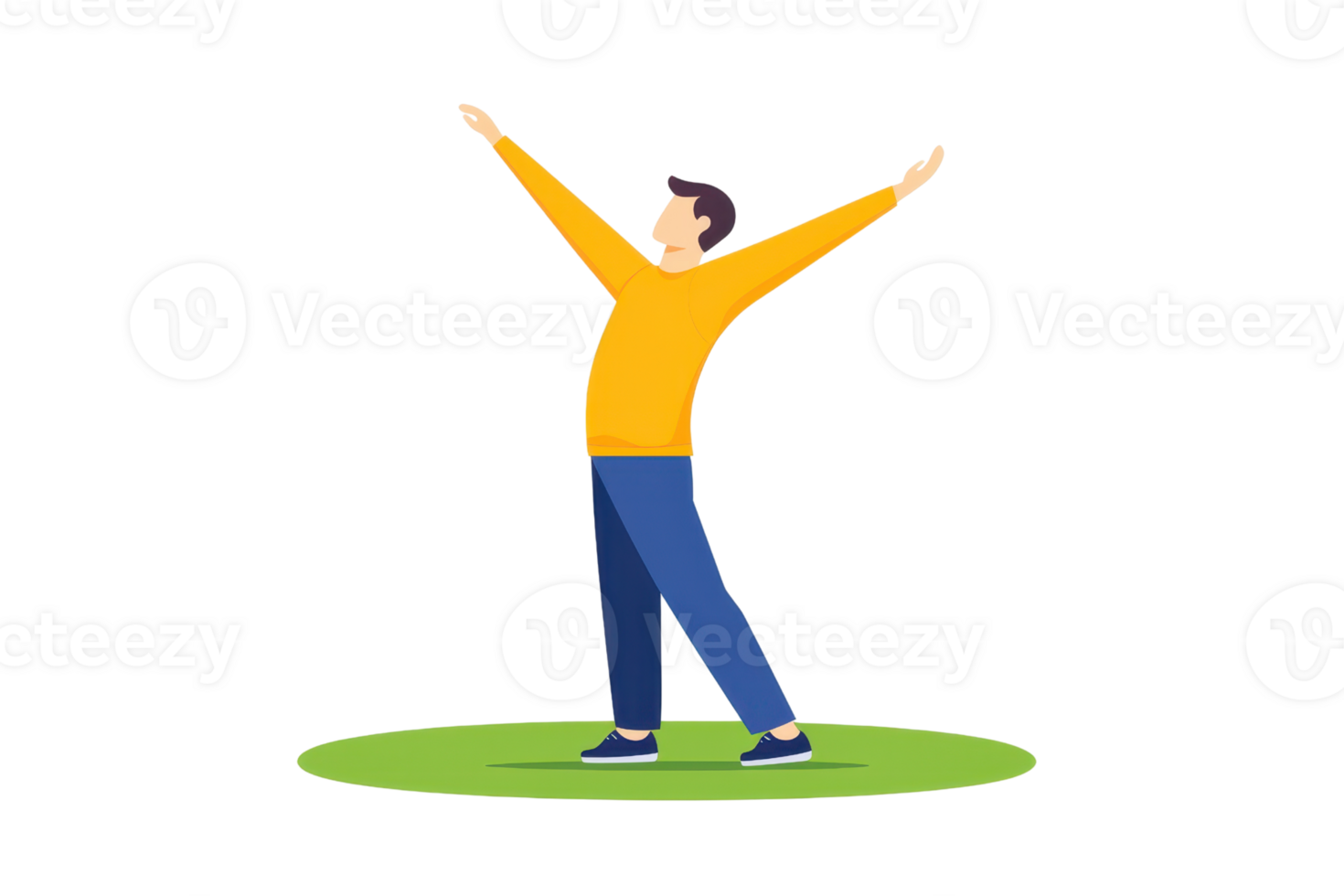 A cheerful person in a yellow shirt stands with arms raised, expressing joy and positivity. png