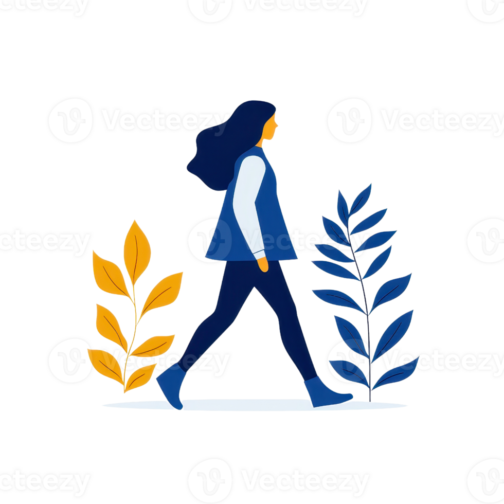 A woman walks confidently, flanked by stylized leaves in vibrant colors, showcasing a blend of nature and movement. png