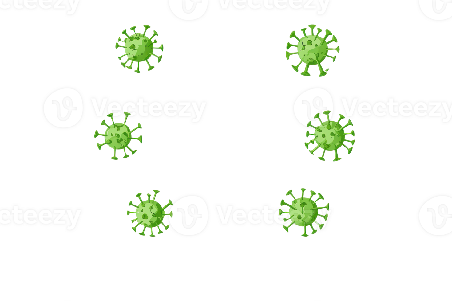 Green virus-like structures with spikes, representing microorganisms commonly associated with infectious diseases. png