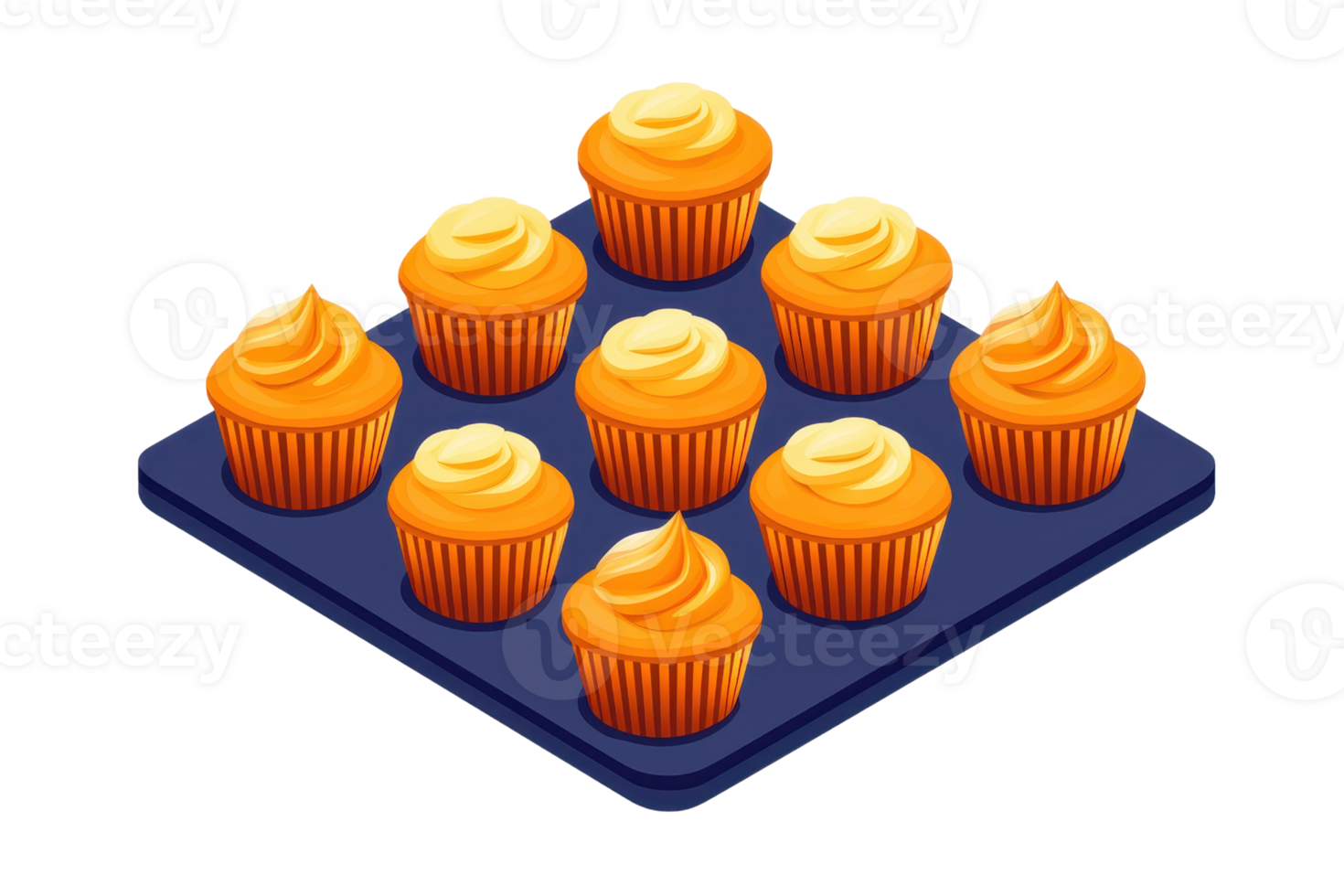 A tray of vibrant orange cupcakes topped with creamy frosting arranged in a neat grid pattern. png