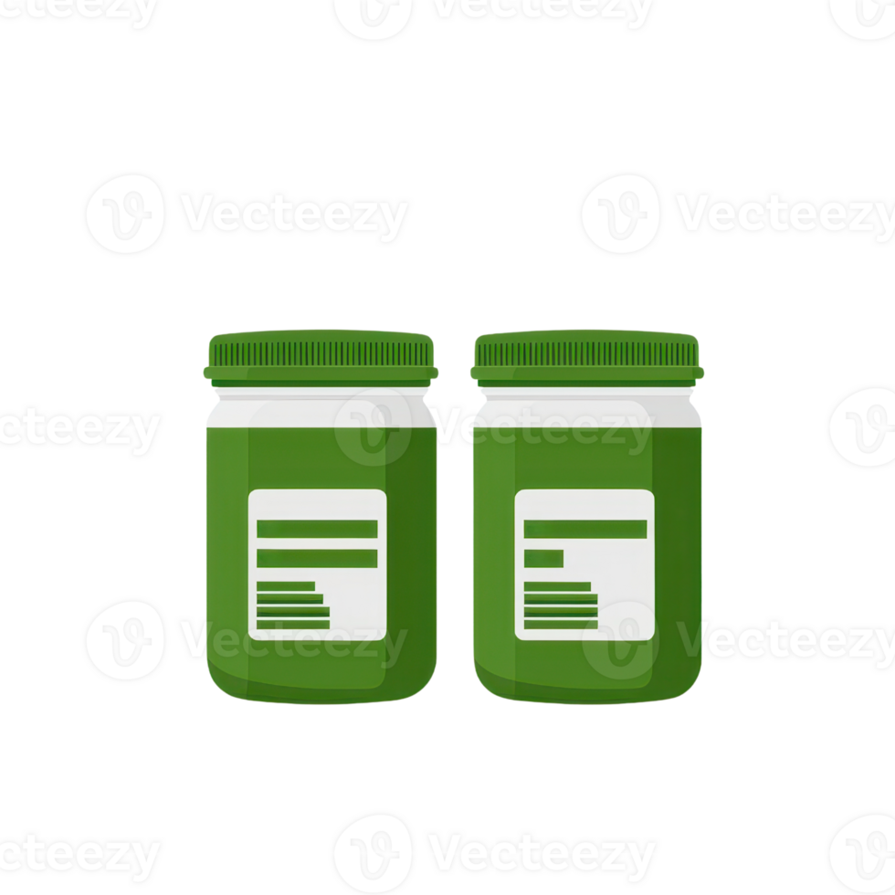 Two green jars with labels, designed for food storage or ingredients. png