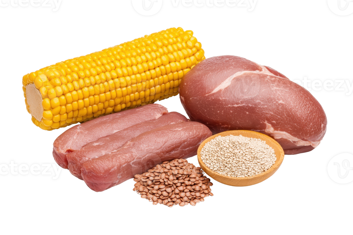 A selection of fresh, uncooked meats, corn on the cob, and a variety of grains arranged together for culinary presentation. png