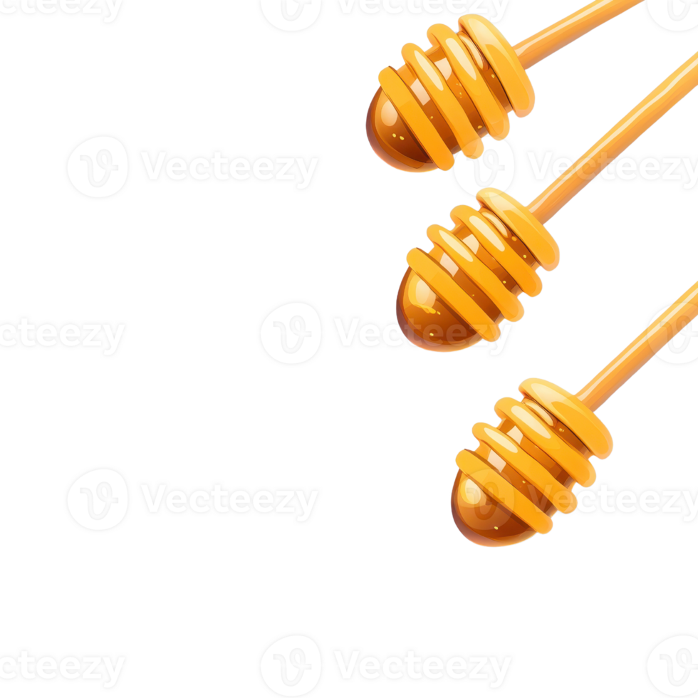 Three honey dipper sticks, each with a honey-laden end, showcasing a vibrant orange hue and a sleek design. png