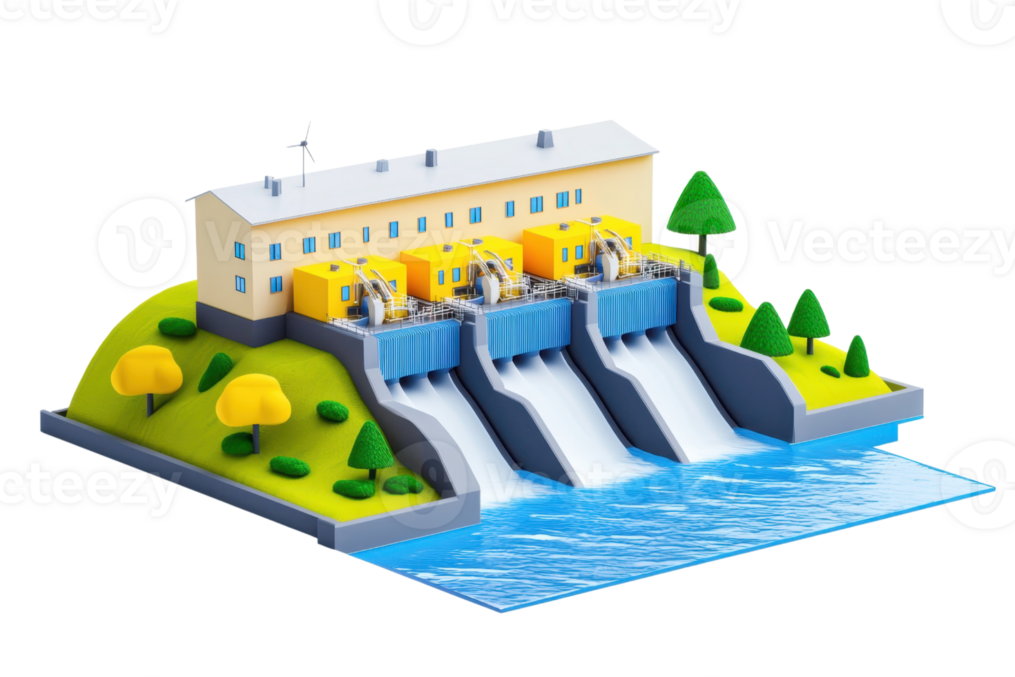 A colorful, stylized hydroelectric power station with three water turbines and a flowing river, surrounded by trees and shrubs. png