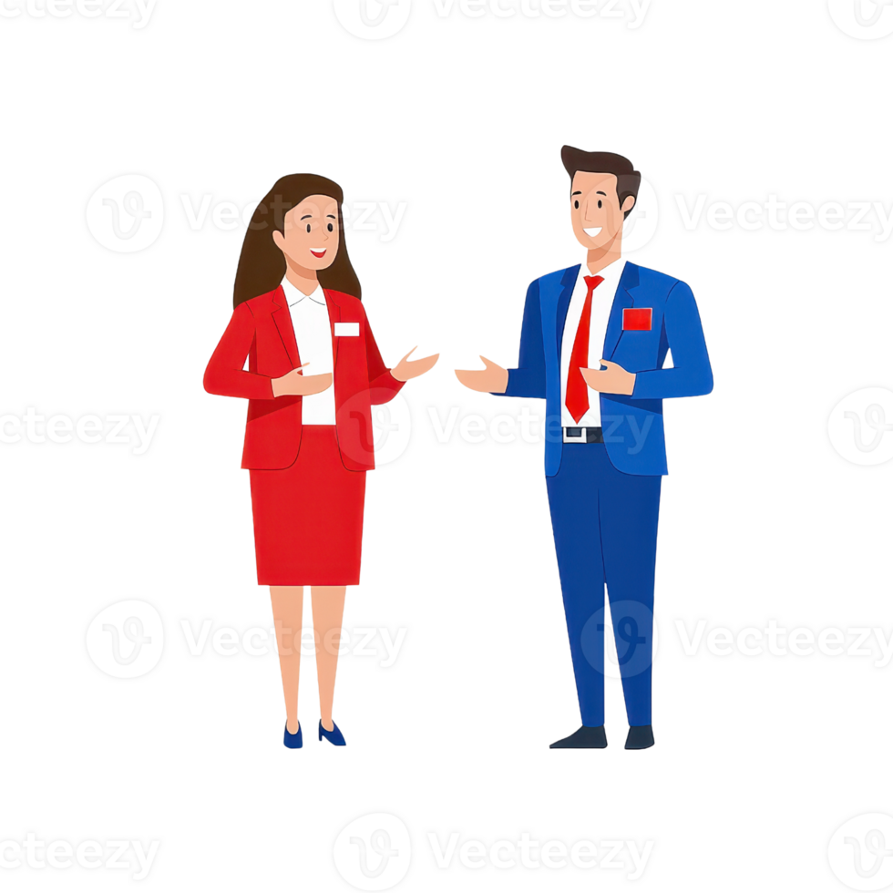 A woman in a red suit and a man in a blue suit are engaged in a conversation, both smiling and gesturing. png