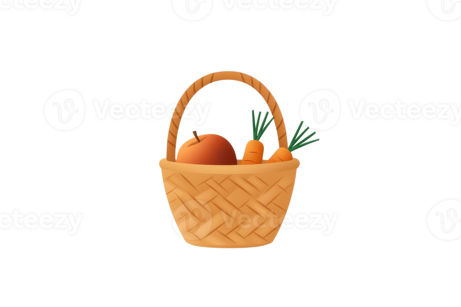 A woven basket filled with fresh vegetables and fruit, featuring carrots and an orange. png
