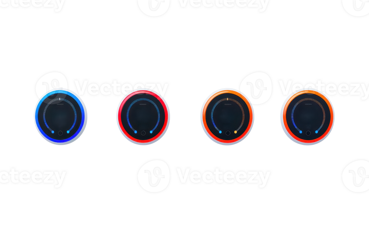 Four circular knobs with varying illuminated edges in blue, red, and orange, showcasing a sleek design and modern aesthetic. png