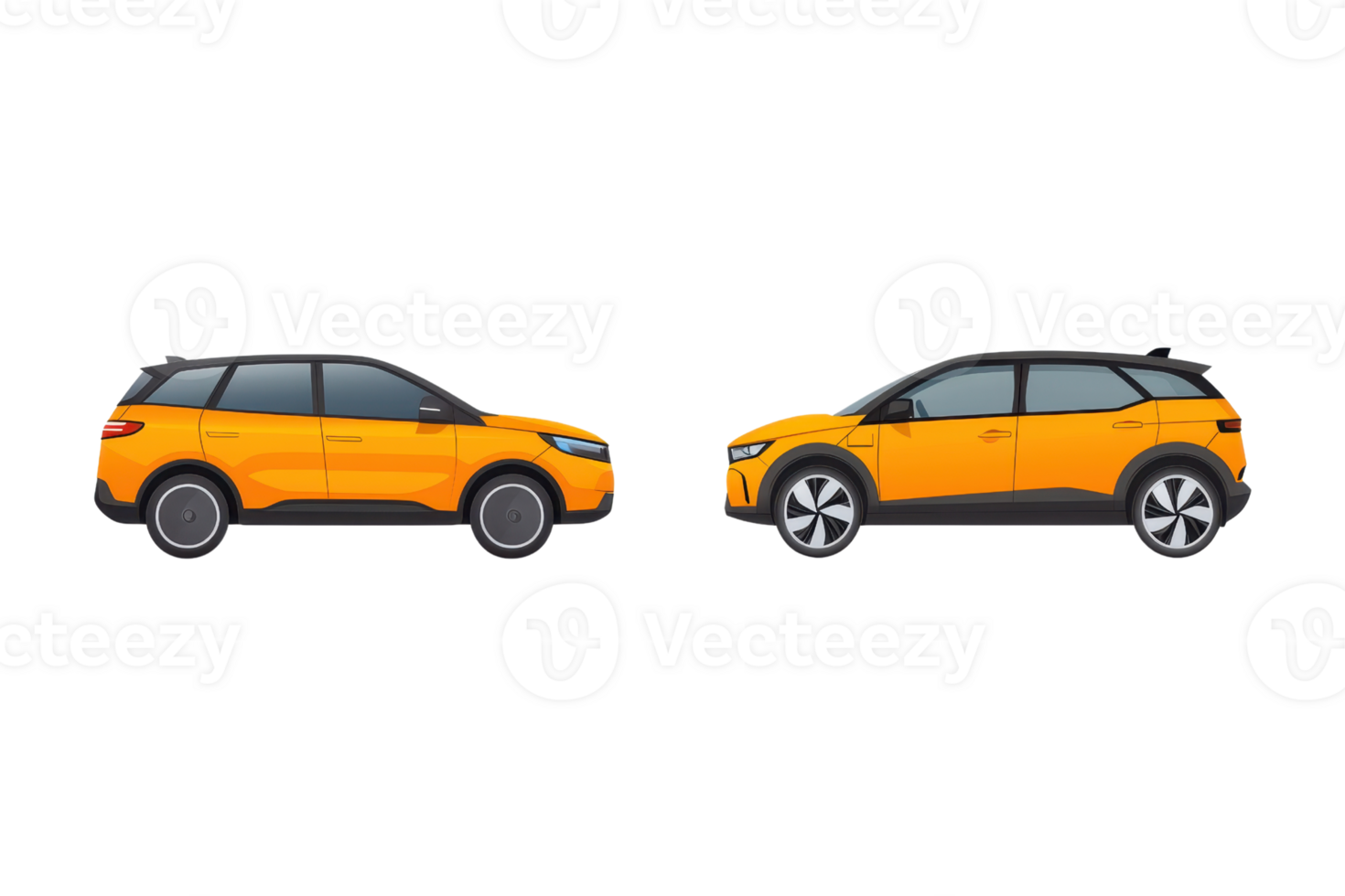 Two side profiles of distinct yellow cars showcasing their unique designs and features. png