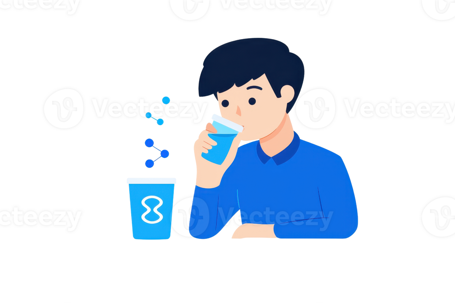 A young person drinks a blue beverage from a cup, enjoying the refreshment with animated bubbles around. png
