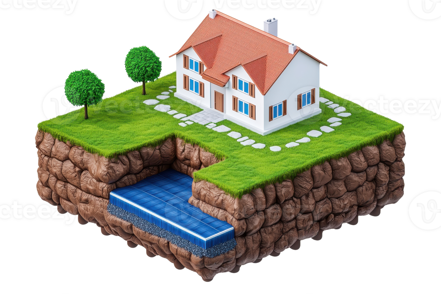 A stylized house with a red roof, surrounded by greenery, built on a textured terrain featuring a small water feature. png