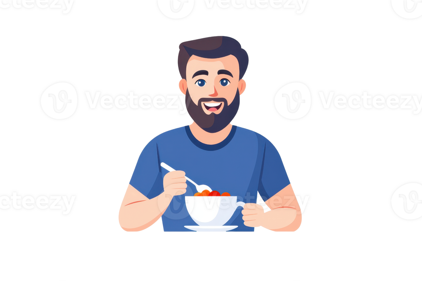 A cheerful man with a beard enjoys a bowl of food, holding a spoon and smiling. png