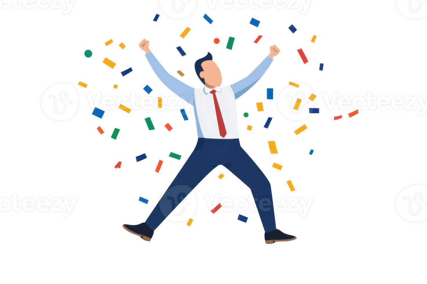 A joyful person celebrates with raised arms, surrounded by colorful confetti. png
