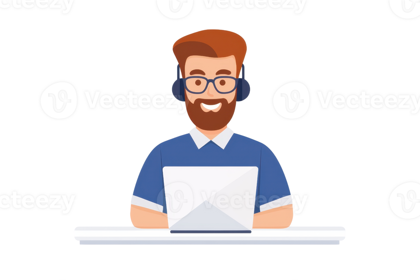 A cheerful man with glasses and headphones sits at a desk, working on a laptop. png