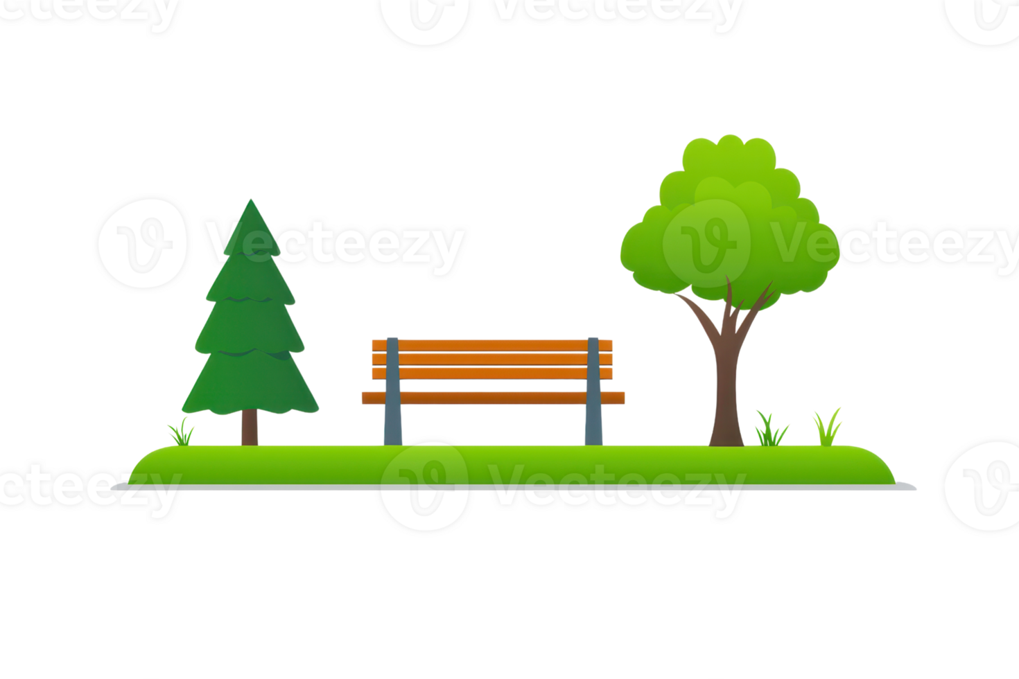 A park scene featuring a bench surrounded by a pine tree and a leafy tree on grassy ground. png