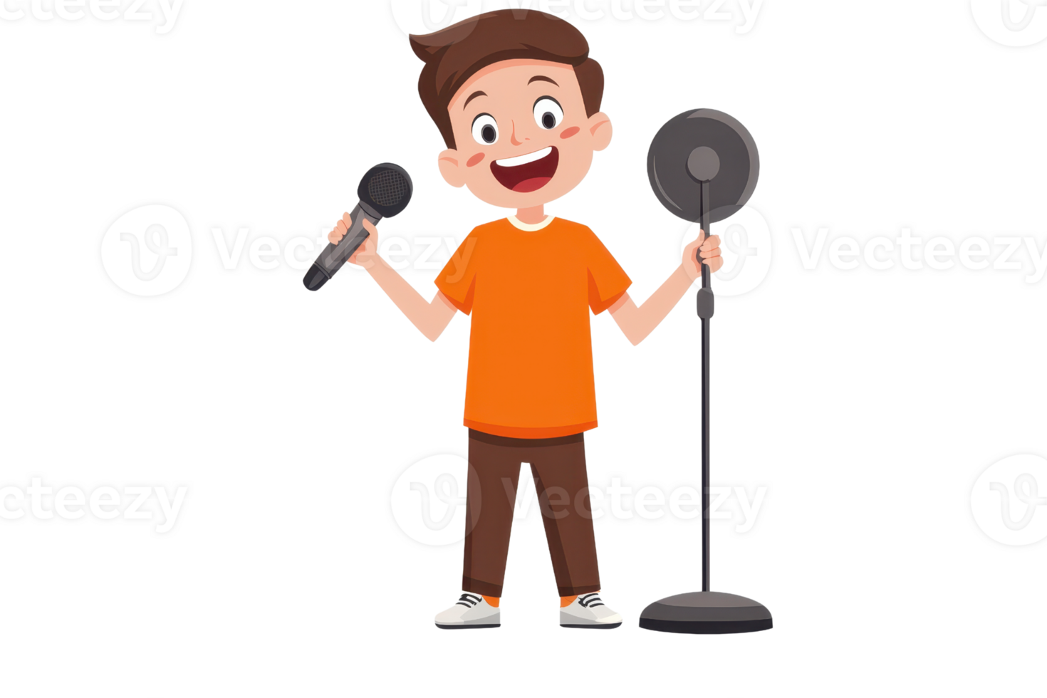 A cheerful cartoon boy holding a microphone and standing next to a microphone stand, ready to perform. png